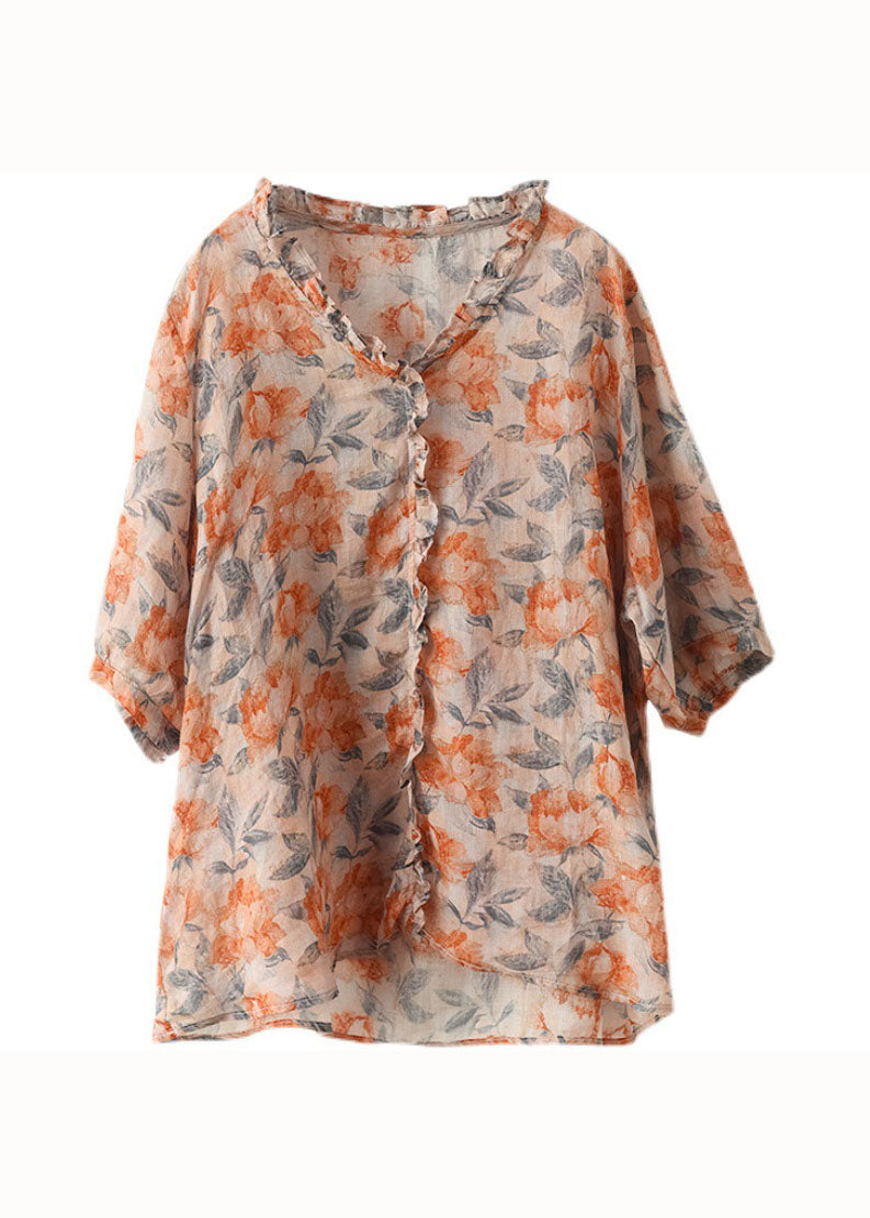 Orange Ruffled Print Patchwork Linen Blouses Summer