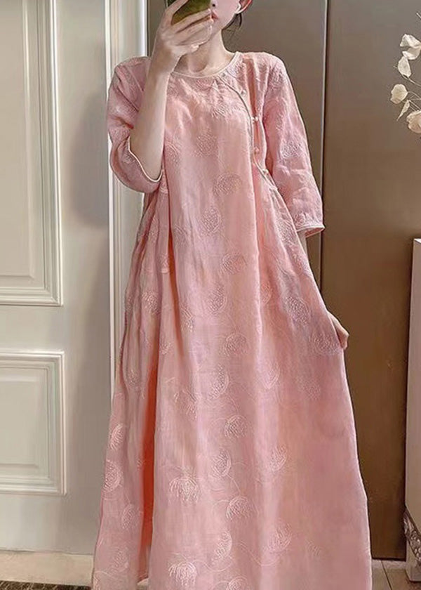 Handmade Pink O-neck Embroidered Linen Long Dresses Summer