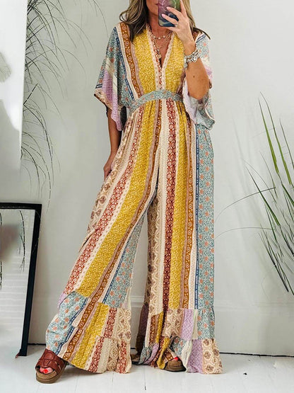 Retro Flare Sleeve Pocketed Loose Wide Leg Jumpsuit