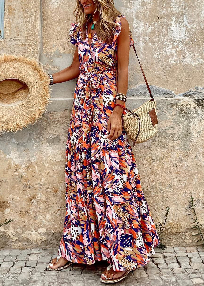 Print Tie Waist Cotton Long Dress Sleeveless