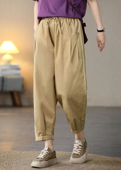Khaki Pockets Cotton Crop Pants High Waist Spring