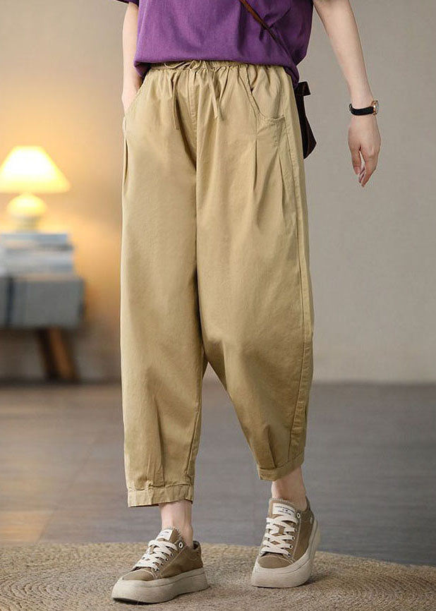 Khaki Pockets Cotton Crop Pants High Waist Spring