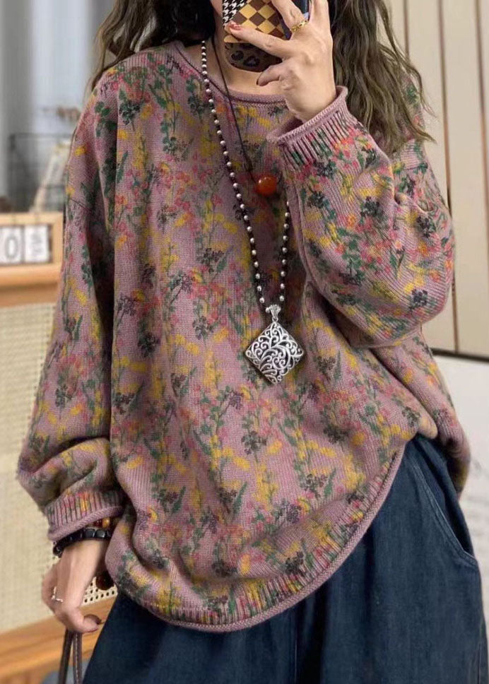 Red O Neck Print Cotton Knit Loose Sweaters Top Spring
