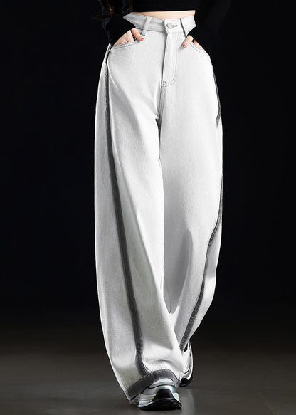 Grey White Pockets Patchwork Denim Wide Leg Pants Spring