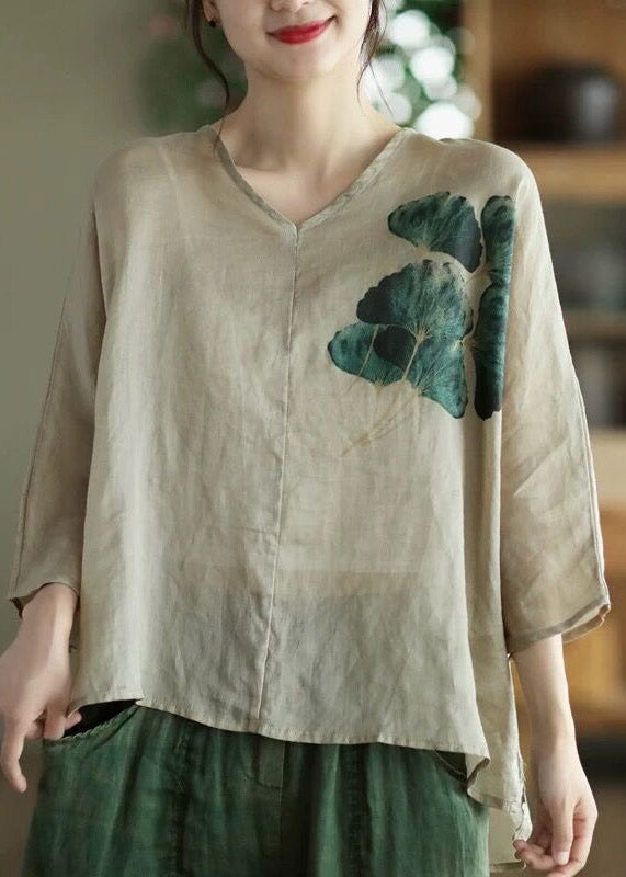 Coffee Green V Neck Print Patchwork Linen Shirts Half Sleeve