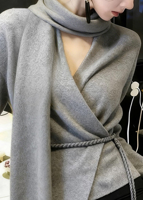 Boutique Grey Bow Tie Waist Knit Sweaters Winter