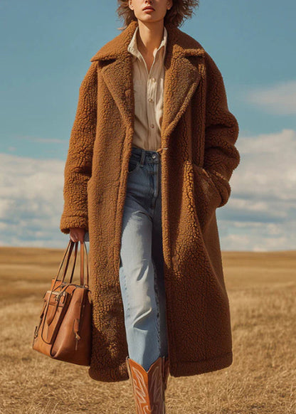 French Brown Peter Pan Collar Pockets Faux Fur Long Coats Winter