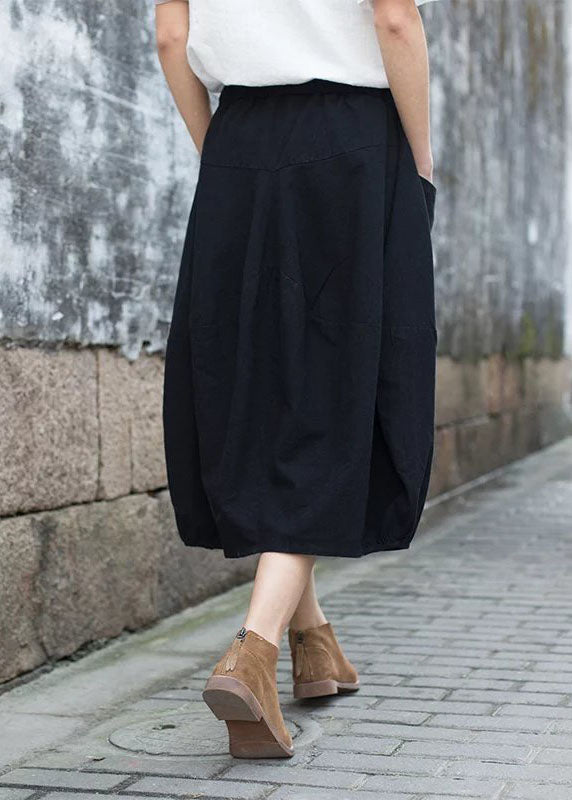 Modern Black Elastic Waist Patchwork Linen a Line Skirt Fall