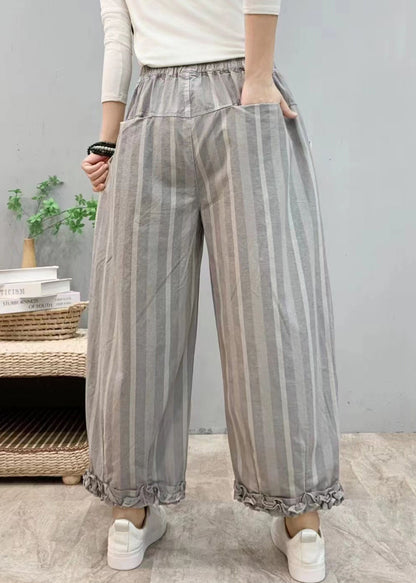 New Blue Ruffled Pockets Elastic Waist Cotton Crop Pants Summer