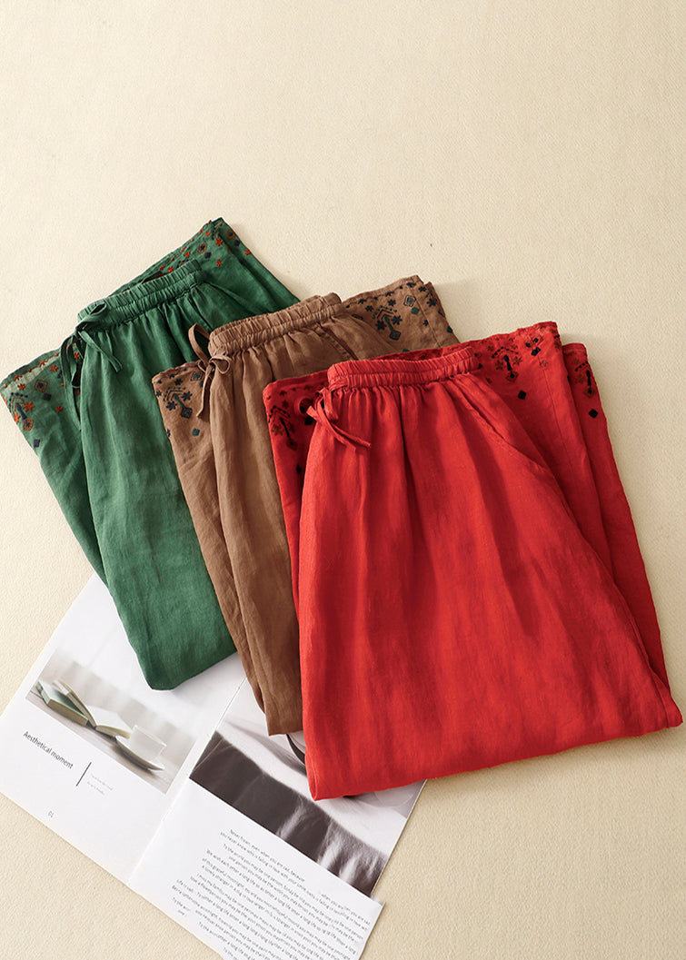 Green Embroidered Linen a Line Skirt Summer