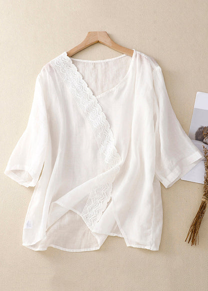 Yellow V Neck Lace Linen Top Half Sleeve