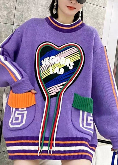 Diy Purple O Neck Pockets Patchwork Knit Sweaters Spring