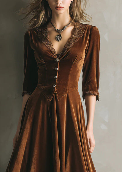 French Chocolate V Neck Lace Patchwork Silk Velvet Long Dress Half Sleeve
