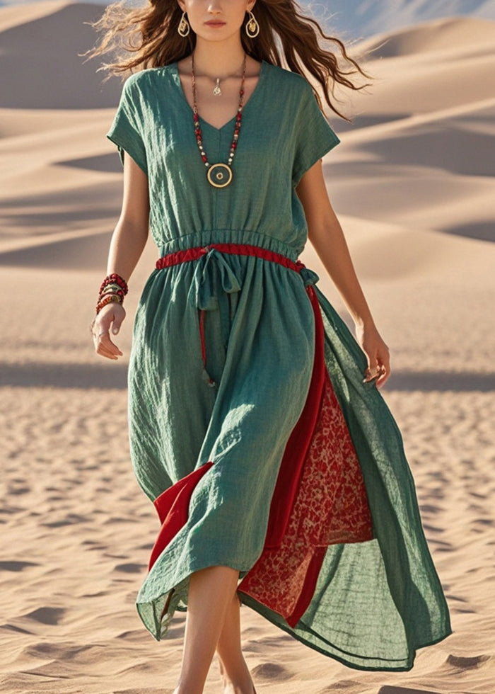 Green Cinched Patchwork Cotton Sundress Summer