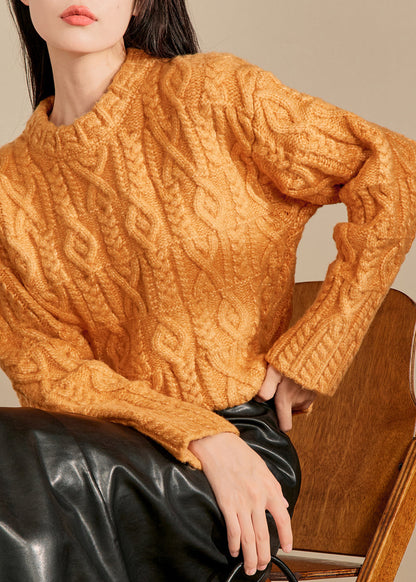 Natural Orange O-neck Cable Thick Cotton Knit Sweaters Winter