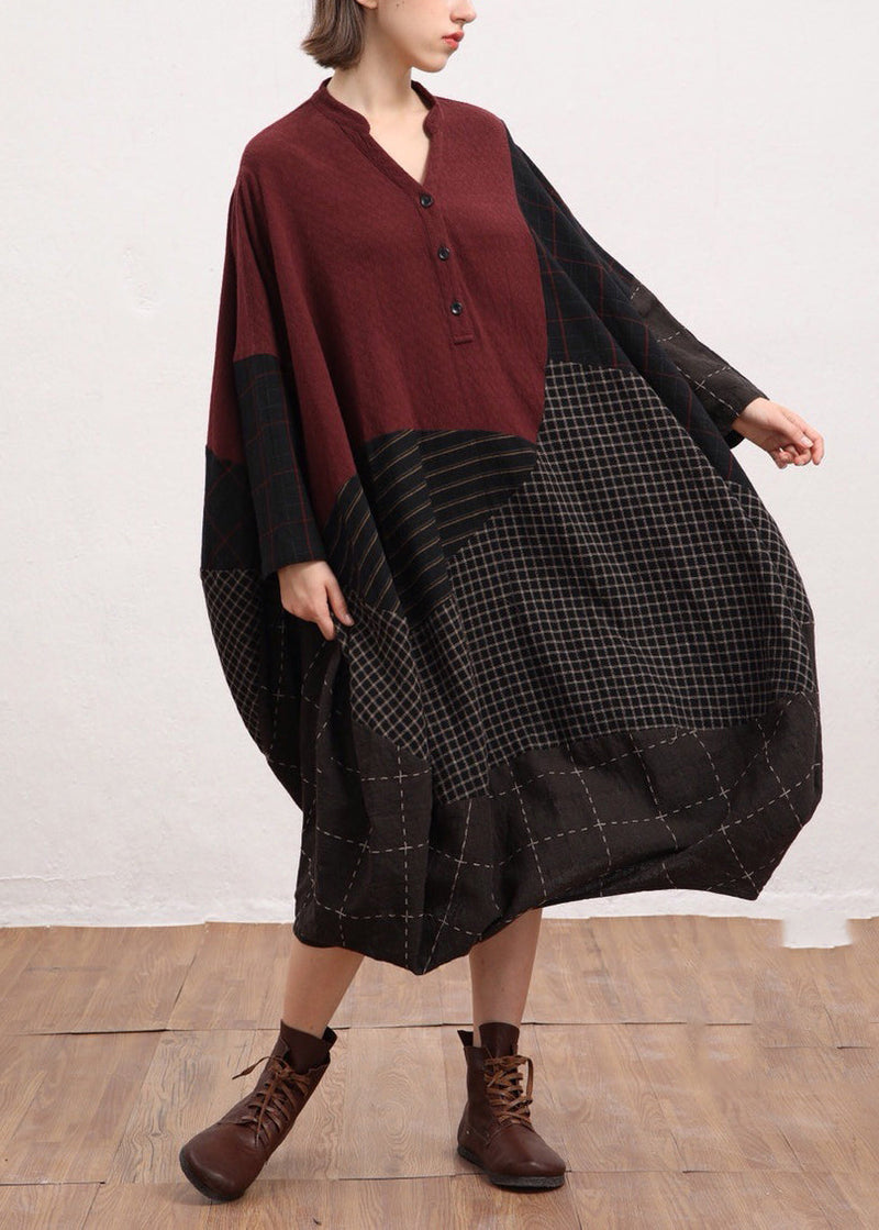 Red V Neck Plaid Patchwork Linen Dress Batwing Sleeve