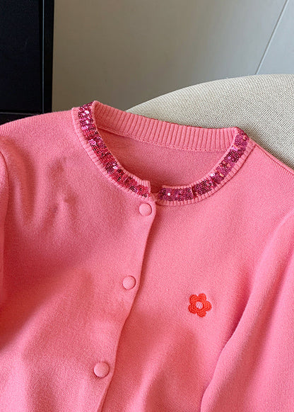 Pink Embroidered Sequins Cotton Knit Cardigans Fall