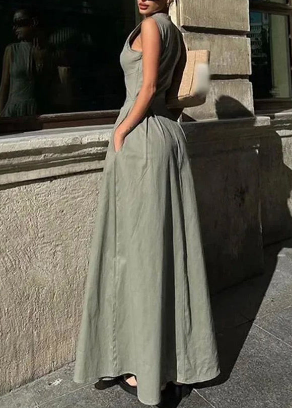 Green Round Collar Sleeveless Pleated Slim Maxi Dress