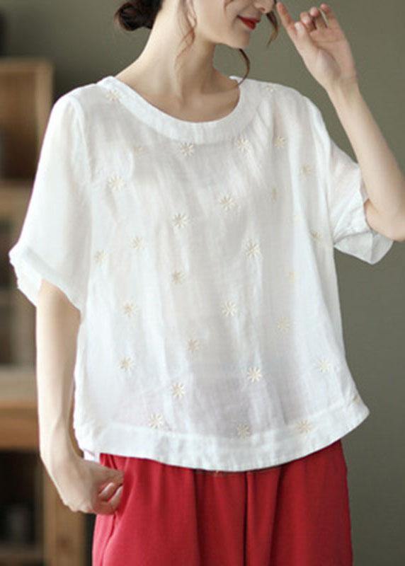 Unique White O-neck Embroidered Summer Ramie Shirt Half Sleeve