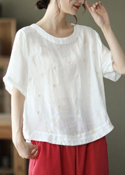Unique White Flowers and Birds O-neck Embroidered Summer Ramie Shirt Half Sleeve