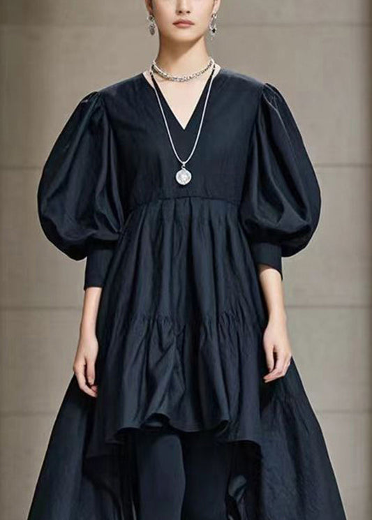 Black Puff Sleeve Low High Design Cotton Maxi Dress