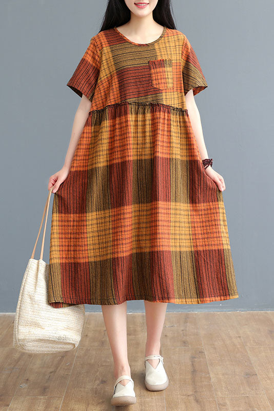 Summer Striped Plaid Dress Cotton Linen Dress
