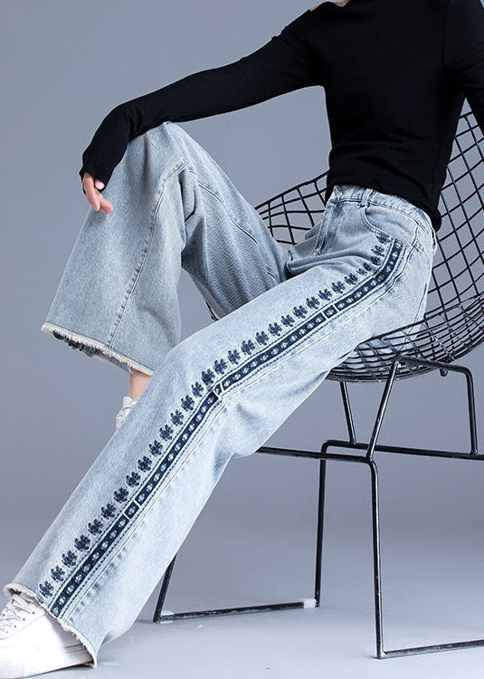 Blue Embroidered Pockets Patchwork Denim Pants Spring