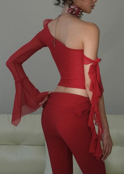 New Red Asymmetrical Cotton T Shirt Long Sleeve