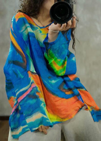 Blue O-neck Print Cotton T Shirt Long Sleeve