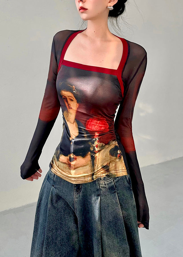 Oil Painting Style Square Neck Slim Fit T Shirt Fall
