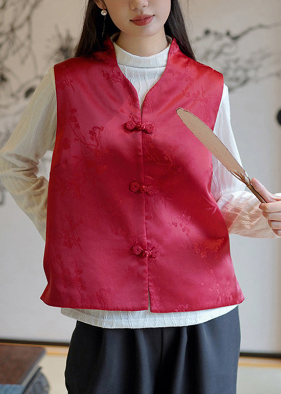Red V Neck Jacquard Fine Cotton Filled Silk Vest Sleeveless