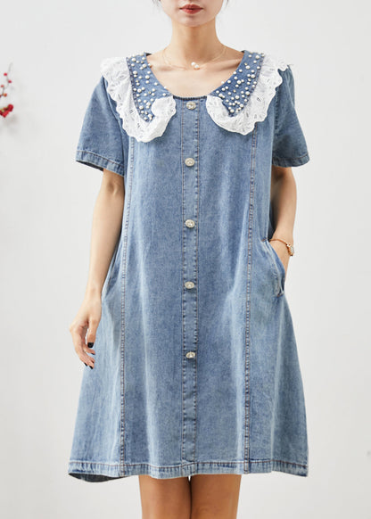 Blue Peter Pan Collar Nail Bead Denim Vacation Dress Summer