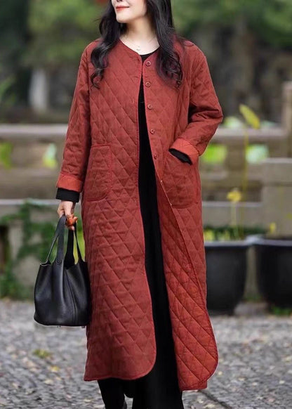 Red O Neck Pockets Fine Cotton Filled Coat in Winter