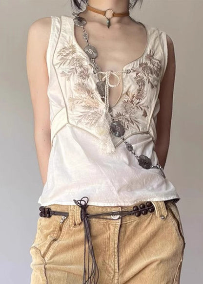 Diy White Embroidered Patchwork Cotton Vests Summer