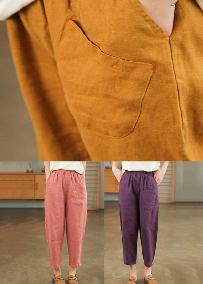 Loose Pink Pockets Linen Crop Pants Summer