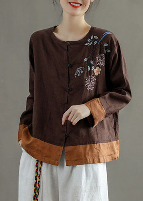 Chocolate O-neck Embroidered Patchwork Linen Shirt Tops Long Sleeve