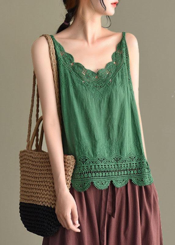 Pink Embroidered Lace Hollow Out Summer Cotton Vest Sleeveless