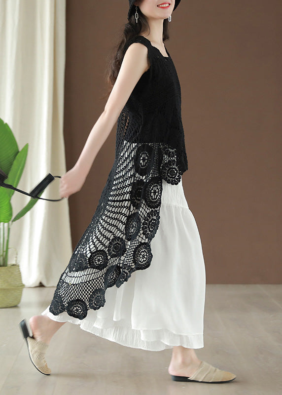 Black Asymmetrical Hollow Out Low High Design Cotton Top Summer