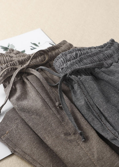 Khaki Elastic Waist Linen Pants Spring