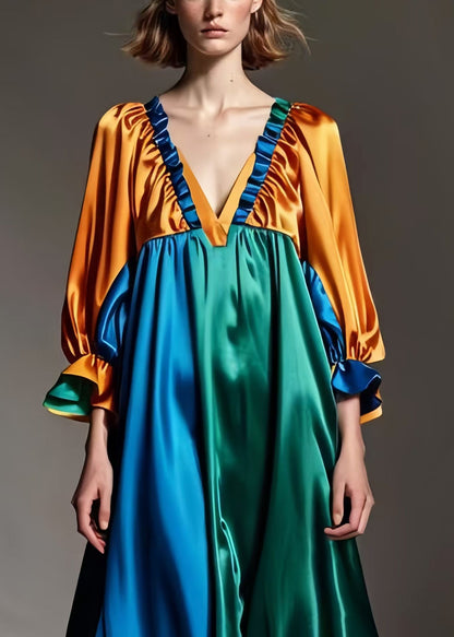 Brown Ruffled Patchwork Draping Silk Dress Spring
