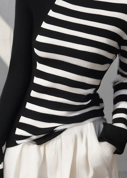 Colorblock Hign Neck Striped Knit Sweaters Spring