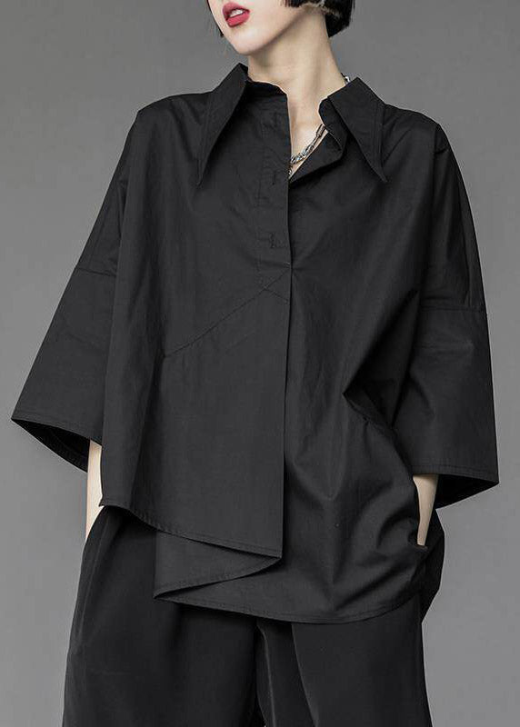 Loose White Peter Pan Collar Asymmetrical Shirts Three Quarter Sleeve