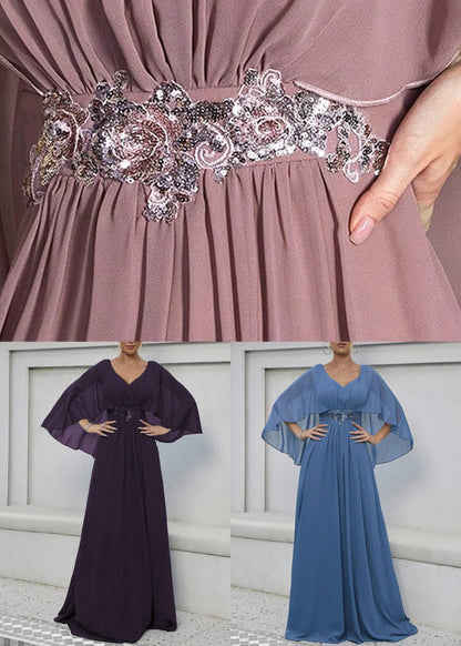 Dark Purple Sequins High Waist Maxi Dress Batwing Sleeve