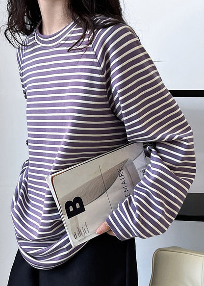 Original Design Blue O Neck Striped Cotton T Shirt Spring