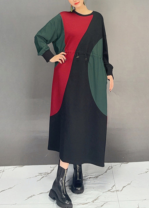 Colorblock O Neck Drawstring Cotton Dress Fall