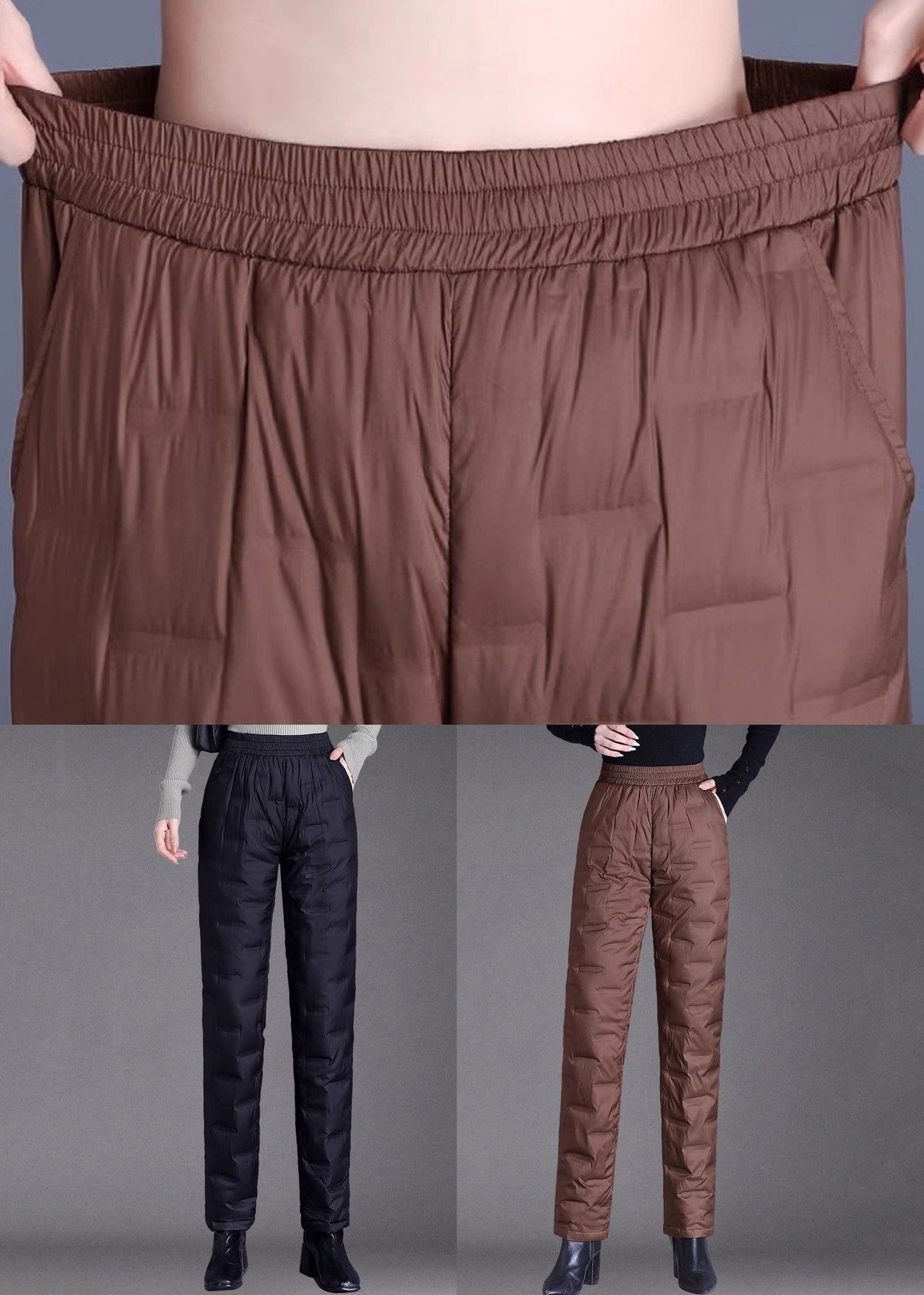 Brown Pockets Elastic Waist Duck Down Filled Pants Winter