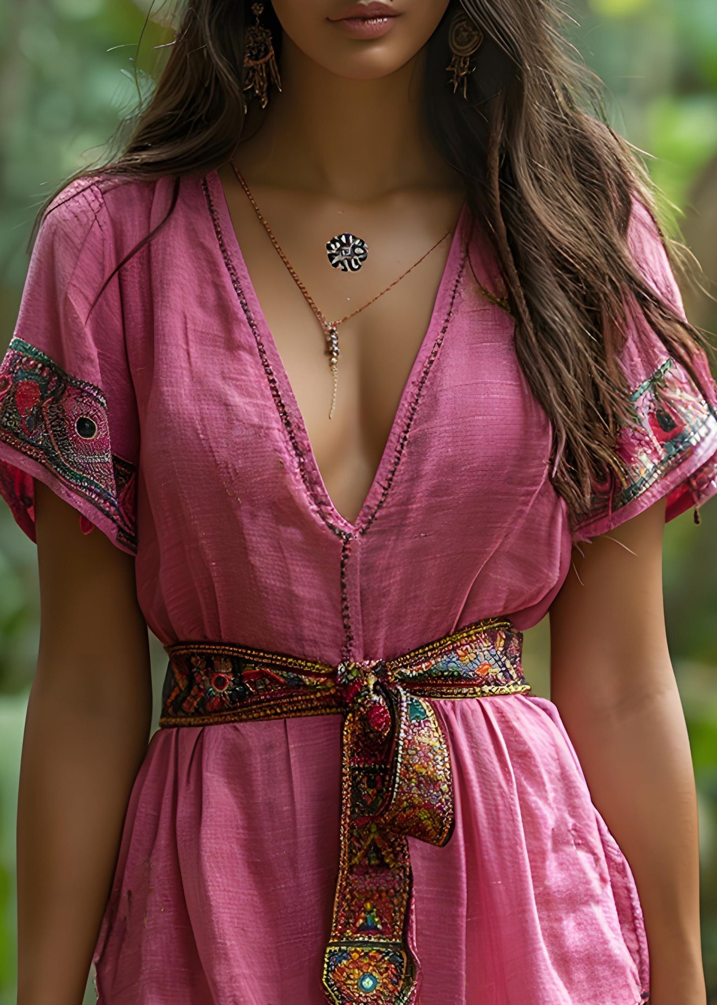 Pink V Neck Lace Up Patchwork Cotton Mid Dresses Summer