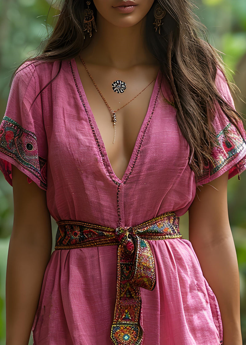 Pink V Neck Lace Up Patchwork Cotton Mid Dresses Summer