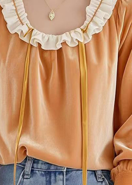 Orange Ruffled Patchwork Velour Shirt Top Fall