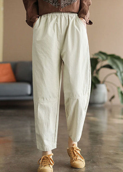 Handmade Beige Elastic Waist Pockets Pants Spring